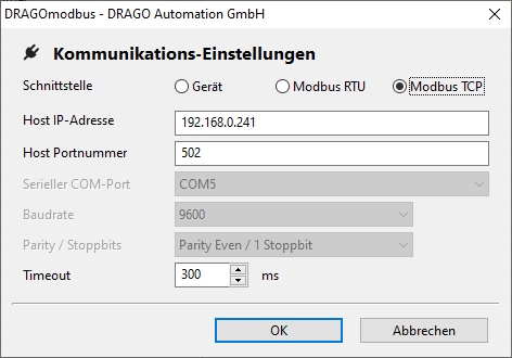 Modbus TCP - Anschluss über ein Modbus TCP-RTU-Gateway